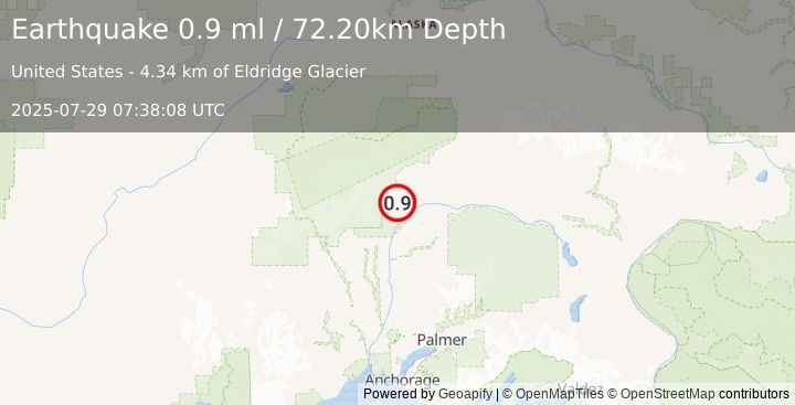 Earthquake 47 km N of Chase, Alaska (0.9 ml) (2025-07-29 07:38:08 UTC)