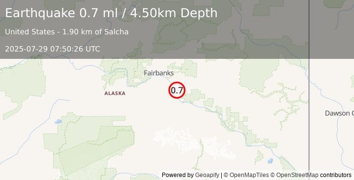 Earthquake 1 km S of Salcha, Alaska (0.7 ml) (2025-07-29 07:50:26 UTC)