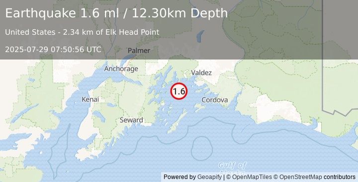 Earthquake 38 km WSW of Tatitlek, Alaska (1.6 ml) (2025-07-29 07:50:56 UTC)