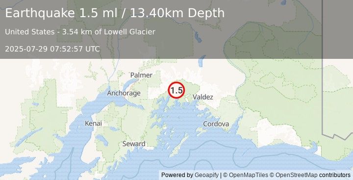 Earthquake 59 km S of Glacier View, Alaska (1.5 ml) (2025-07-29 07:52:57 UTC)