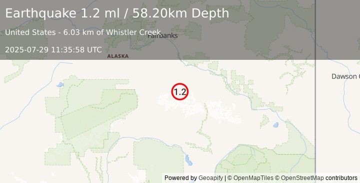 Earthquake 67 km SW of Whitestone, Alaska (1.2 ml) (2025-07-29 11:35:58 UTC)