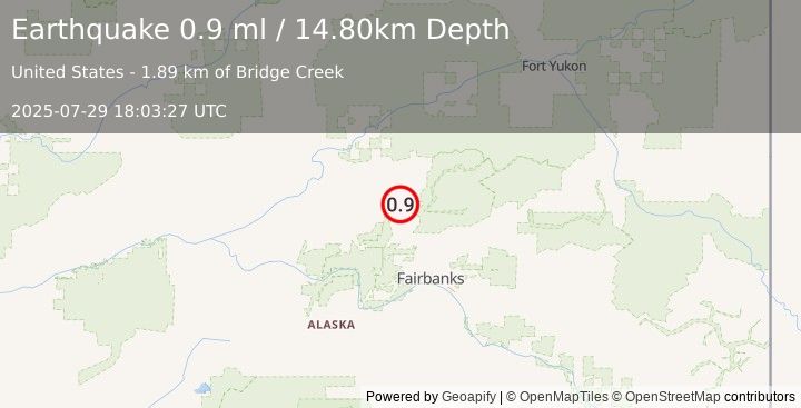 Earthquake 13 km SE of Livengood, Alaska (0.9 ml) (2025-07-29 18:03:27 UTC)