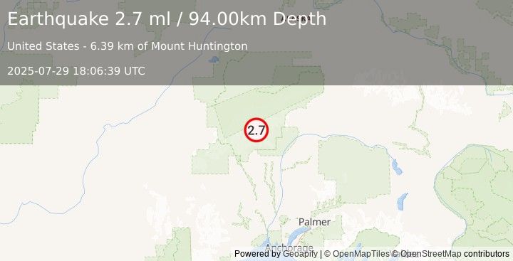 Earthquake 46 km N of Petersville, Alaska (2.7 ml) (2025-07-29 18:06:39 UTC)