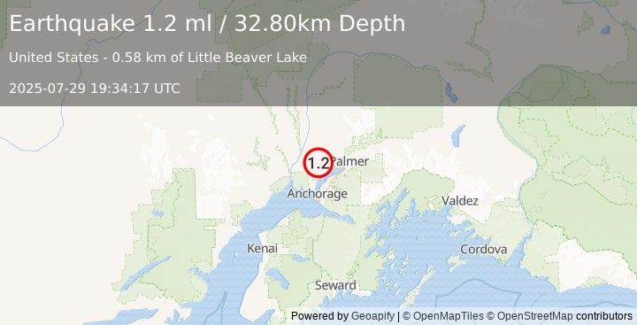 Earthquake 6 km SSW of Houston, Alaska (1.2 ml) (2025-07-29 19:34:17 UTC)