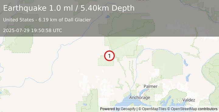Earthquake 68 km W of Petersville, Alaska (1.0 ml) (2025-07-29 19:50:58 UTC)