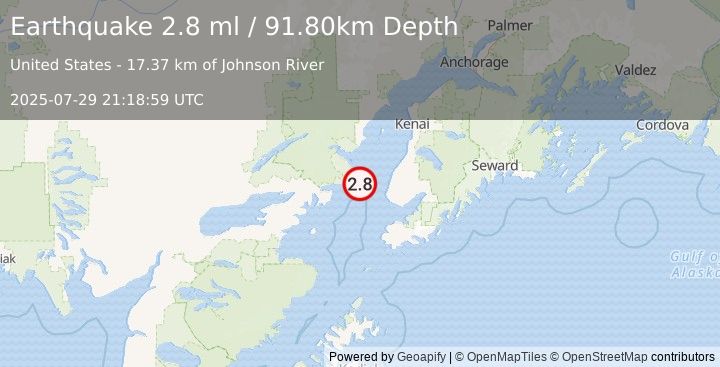 Earthquake 34 km WNW of Anchor Point, Alaska (2.8 ml) (2025-07-29 21:18:59 UTC)