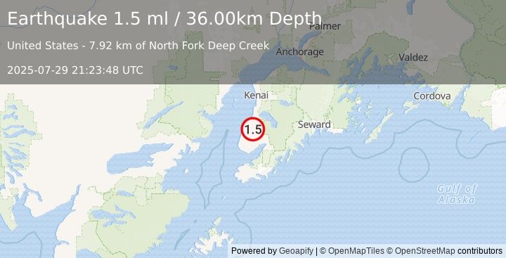 Earthquake 17 km E of Ninilchik, Alaska (1.5 ml) (2025-07-29 21:23:48 UTC)
