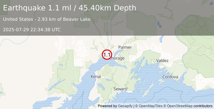 Earthquake 22 km S of Susitna, Alaska (1.1 ml) (2025-07-29 22:34:38 UTC)