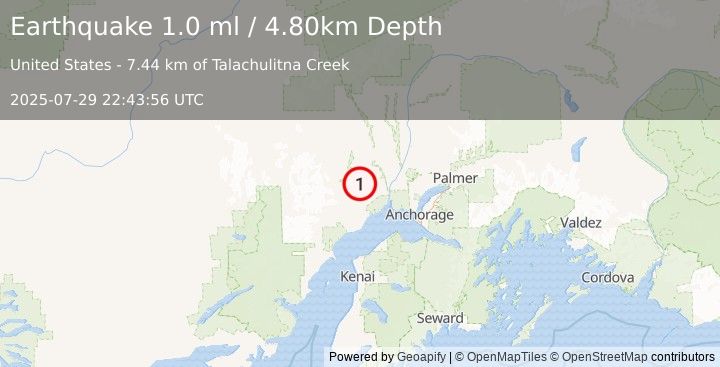Earthquake 36 km W of Susitna, Alaska (1.0 ml) (2025-07-29 22:43:56 UTC)