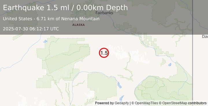 Earthquake 61 km E of Cantwell, Alaska (1.5 ml) (2025-07-30 06:12:17 UTC)