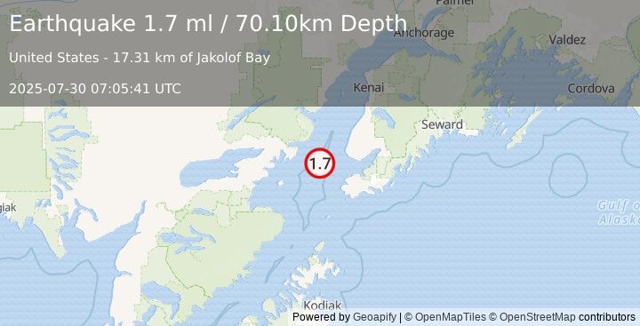 Earthquake 39 km WSW of Anchor Point, Alaska (1.7 ml) (2025-07-30 07:05:41 UTC)