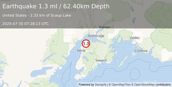 Earthquake 9 km SW of Point Possession, Alaska (1.3 ml) (2025-07-30 07:28:13 UTC)