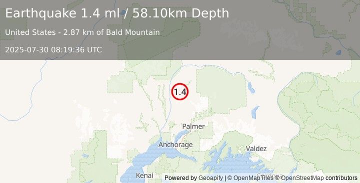 Earthquake 19 km NNE of Susitna North, Alaska (1.4 ml) (2025-07-30 08:19:36 UTC)