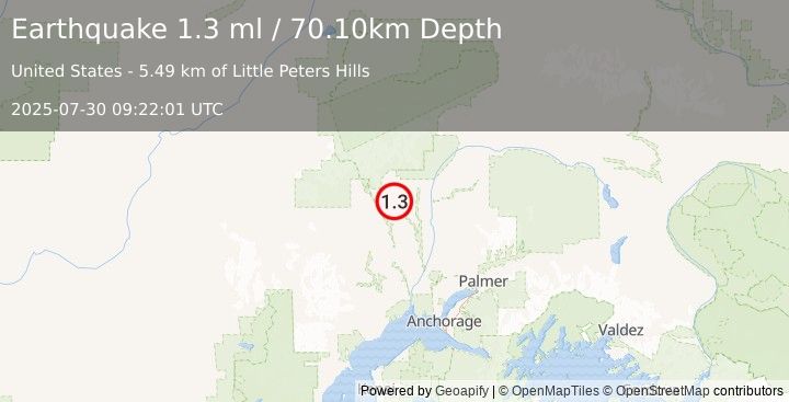 Earthquake 17 km SSW of Petersville, Alaska (1.3 ml) (2025-07-30 09:22:01 UTC)