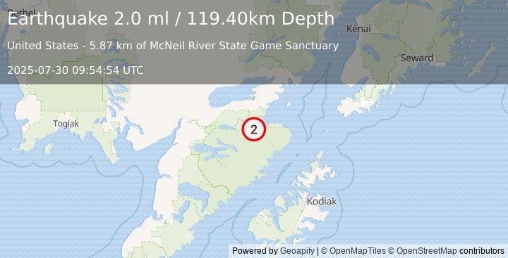Earthquake 54 km SSE of Kokhanok, Alaska (2.0 ml) (2025-07-30 09:54:54 UTC)