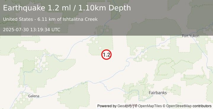 Earthquake 78 km SE of New Allakaket, Alaska (1.2 ml) (2025-07-30 13:19:34 UTC)