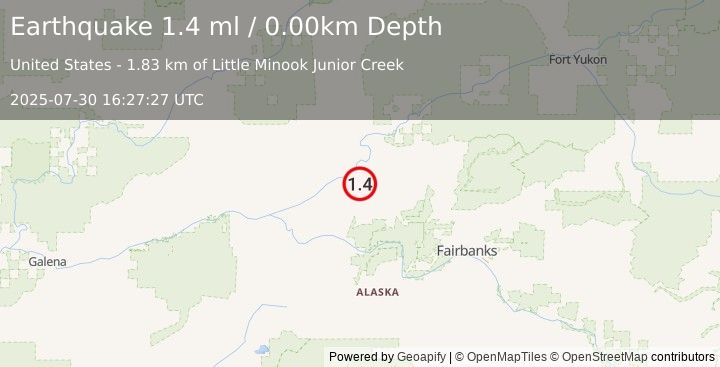 Earthquake 7 km SE of Rampart, Alaska (1.4 ml) (2025-07-30 16:27:27 UTC)