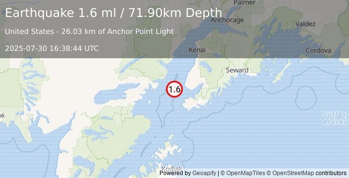 Earthquake 28 km WSW of Anchor Point, Alaska (1.6 ml) (2025-07-30 16:38:44 UTC)