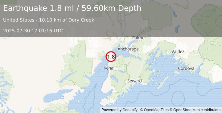 Earthquake 12 km S of Tyonek, Alaska (1.8 ml) (2025-07-30 17:01:16 UTC)