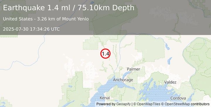 Earthquake 20 km NNE of Skwentna, Alaska (1.4 ml) (2025-07-30 17:34:26 UTC)