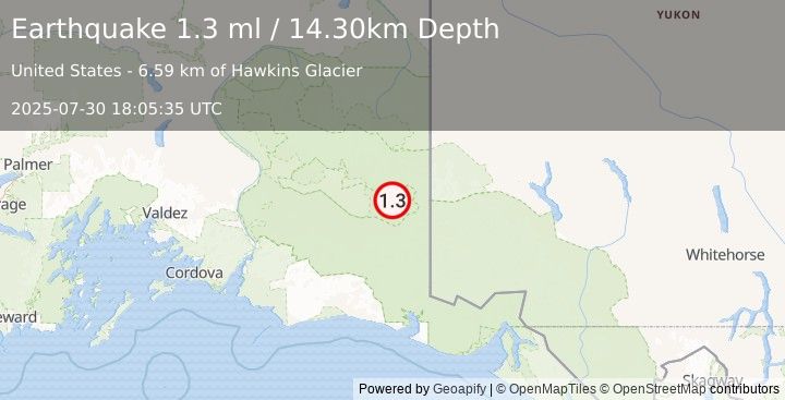 Earthquake 65 km ESE of McCarthy, Alaska (1.3 ml) (2025-07-30 18:05:35 UTC)