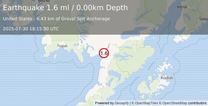 Earthquake 11 km WNW of Naknek, Alaska (1.6 ml) (2025-07-30 18:15:30 UTC)