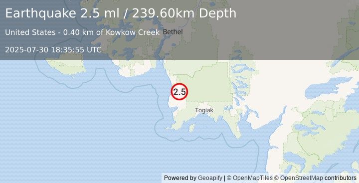 Earthquake 39 km SE of Quinhagak, Alaska (2.5 ml) (2025-07-30 18:35:55 UTC)