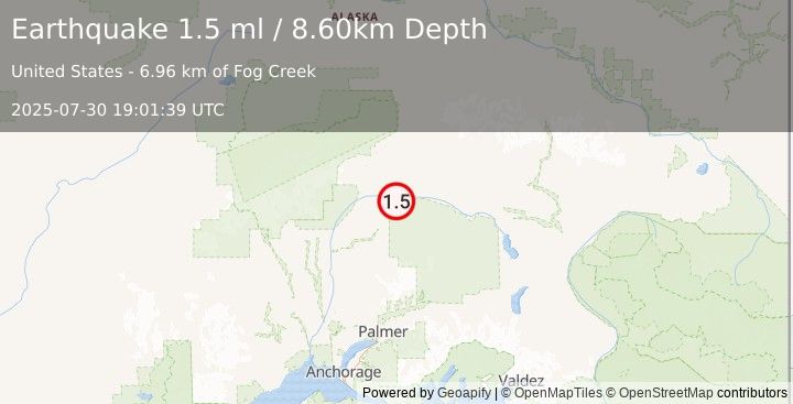 Earthquake 65 km S of Cantwell, Alaska (1.5 ml) (2025-07-30 19:01:39 UTC)