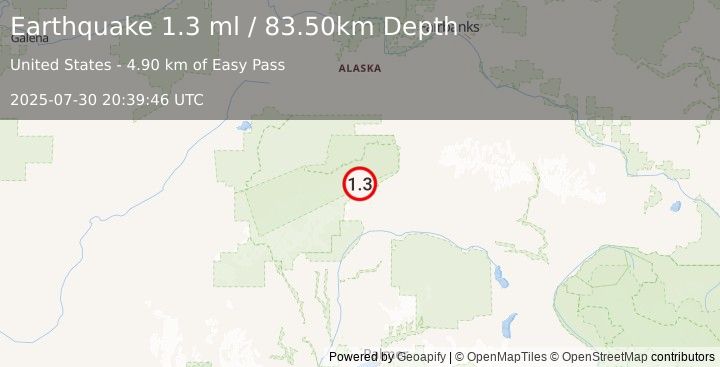 Earthquake 36 km W of Cantwell, Alaska (1.3 ml) (2025-07-30 20:39:46 UTC)
