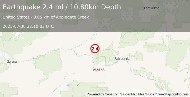 Earthquake 30 km W of Minto, Alaska (2.4 ml) (2025-07-30 22:10:33 UTC)