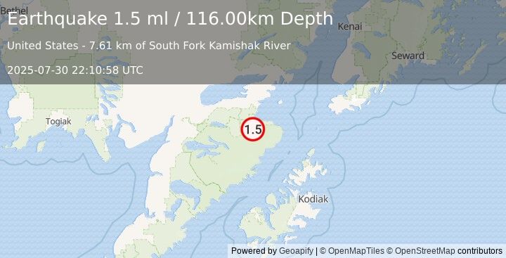 Earthquake 62 km SSE of Kokhanok, Alaska (1.5 ml) (2025-07-30 22:10:58 UTC)