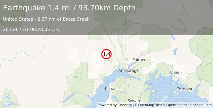 Earthquake 22 km SSW of Skwentna, Alaska (1.4 ml) (2025-07-31 00:28:05 UTC)