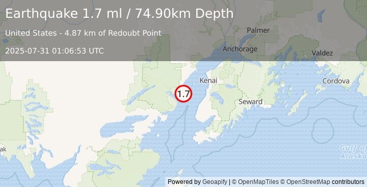 Earthquake 44 km WNW of Ninilchik, Alaska (1.7 ml) (2025-07-31 01:06:53 UTC)