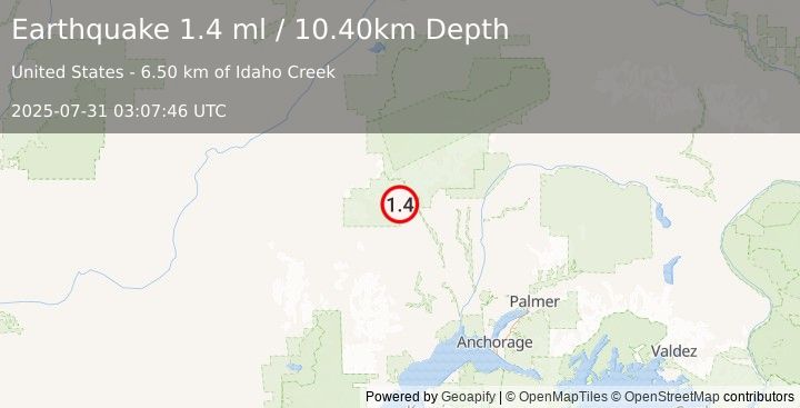 Earthquake 51 km W of Petersville, Alaska (1.4 ml) (2025-07-31 03:07:46 UTC)