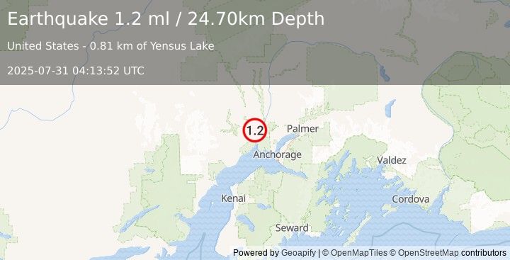 Earthquake 5 km NW of Susitna, Alaska (1.2 ml) (2025-07-31 04:13:52 UTC)