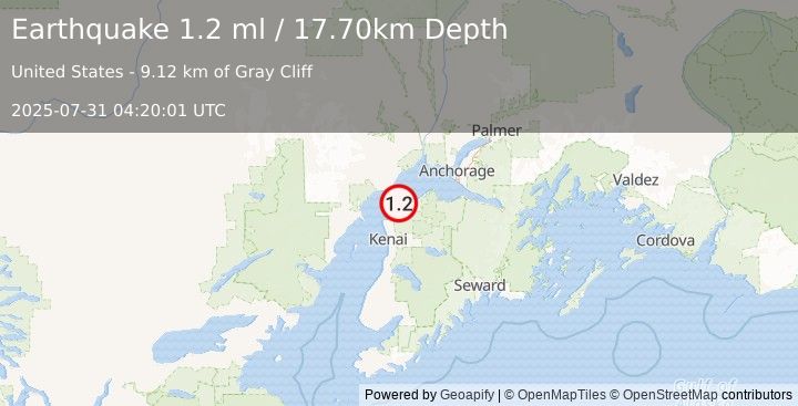 Earthquake 19 km SSE of Tyonek, Alaska (1.2 ml) (2025-07-31 04:20:01 UTC)