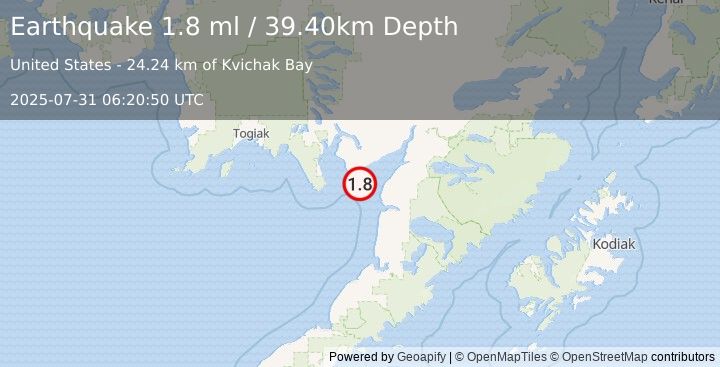 Earthquake 46 km NW of Egegik, Alaska (1.8 ml) (2025-07-31 06:20:50 UTC)