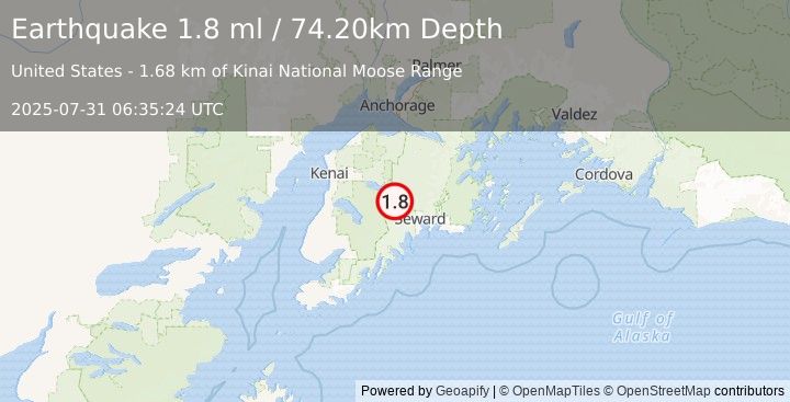 Earthquake 24 km SSW of Cooper Landing, Alaska (1.8 ml) (2025-07-31 06:35:24 UTC)