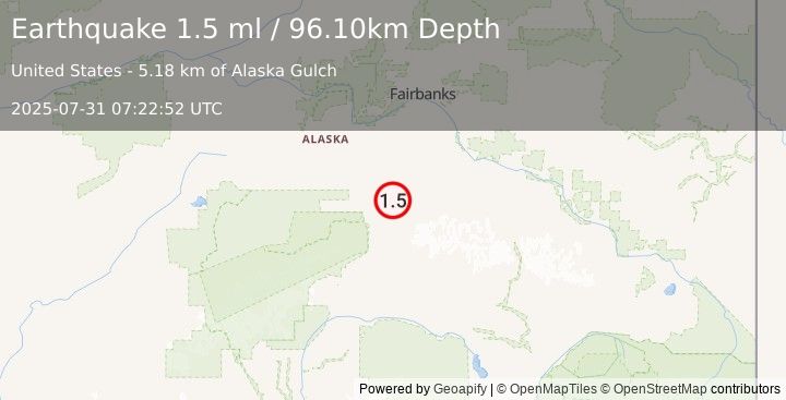 Earthquake 32 km E of Healy, Alaska (1.5 ml) (2025-07-31 07:22:52 UTC)