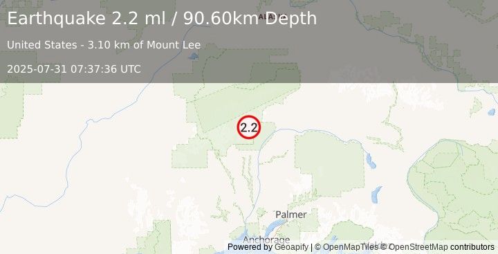 Earthquake 46 km NNE of Petersville, Alaska (2.2 ml) (2025-07-31 07:37:36 UTC)