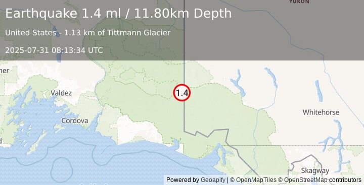 Earthquake 103 km ESE of McCarthy, Alaska (1.4 ml) (2025-07-31 08:13:34 UTC)