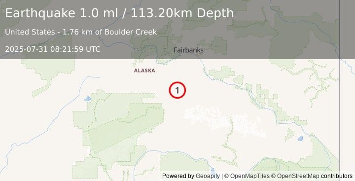 Earthquake 43 km ENE of Healy, Alaska (1.0 ml) (2025-07-31 08:21:59 UTC)