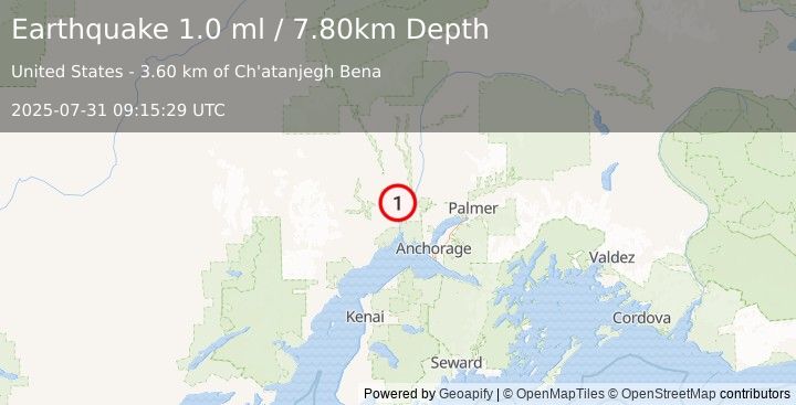 Earthquake 12 km NNW of Susitna, Alaska (1.0 ml) (2025-07-31 09:15:29 UTC)