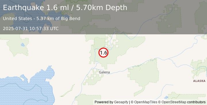 Earthquake 46 km SW of Huslia, Alaska (1.6 ml) (2025-07-31 10:57:33 UTC)