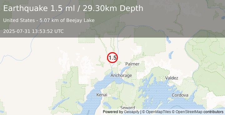 Earthquake 25 km WNW of Willow, Alaska (1.5 ml) (2025-07-31 13:53:52 UTC)