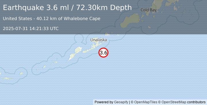 Earthquake 69 km SSE of Unalaska, Alaska (3.6 ml) (2025-07-31 14:21:33 UTC)