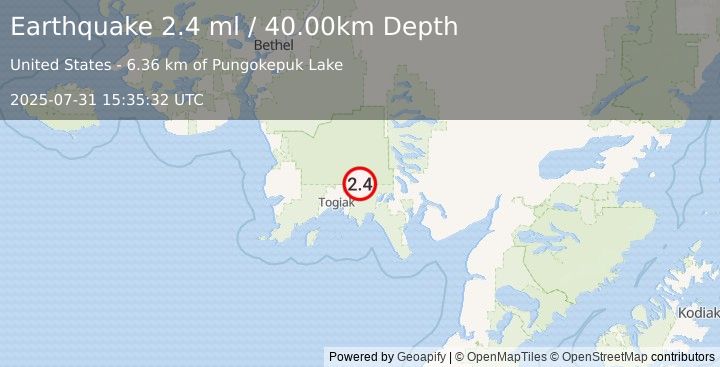 Earthquake 31 km NE of Twin Hills, Alaska (2.4 ml) (2025-07-31 15:35:32 UTC)