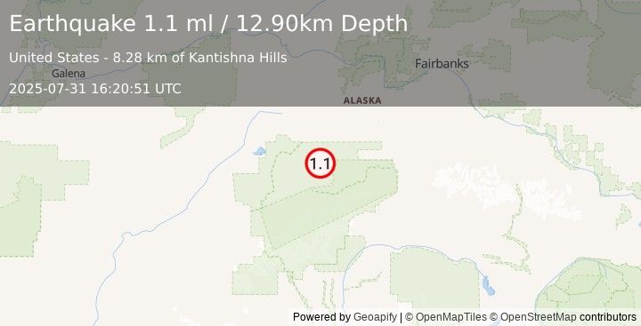 Earthquake 56 km ENE of Denali National Park, Alaska (1.1 ml) (2025-07-31 16:20:51 UTC)