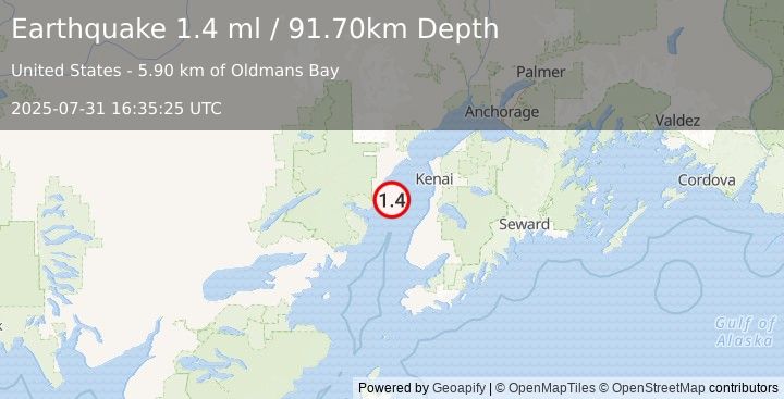 Earthquake 41 km NW of Ninilchik, Alaska (1.4 ml) (2025-07-31 16:35:25 UTC)