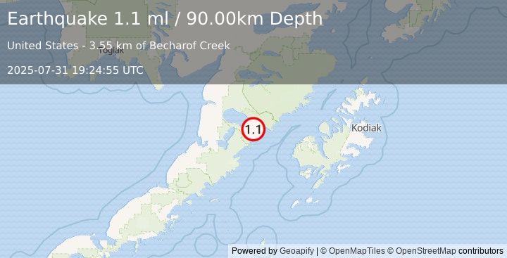 Earthquake 90 km WNW of Karluk, Alaska (1.1 ml) (2025-07-31 19:24:55 UTC)